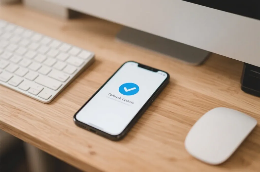 A high quality minimal flat lay of a smartphone on a wooden desk, displaying a successful software update notification icon, modern workspace setting